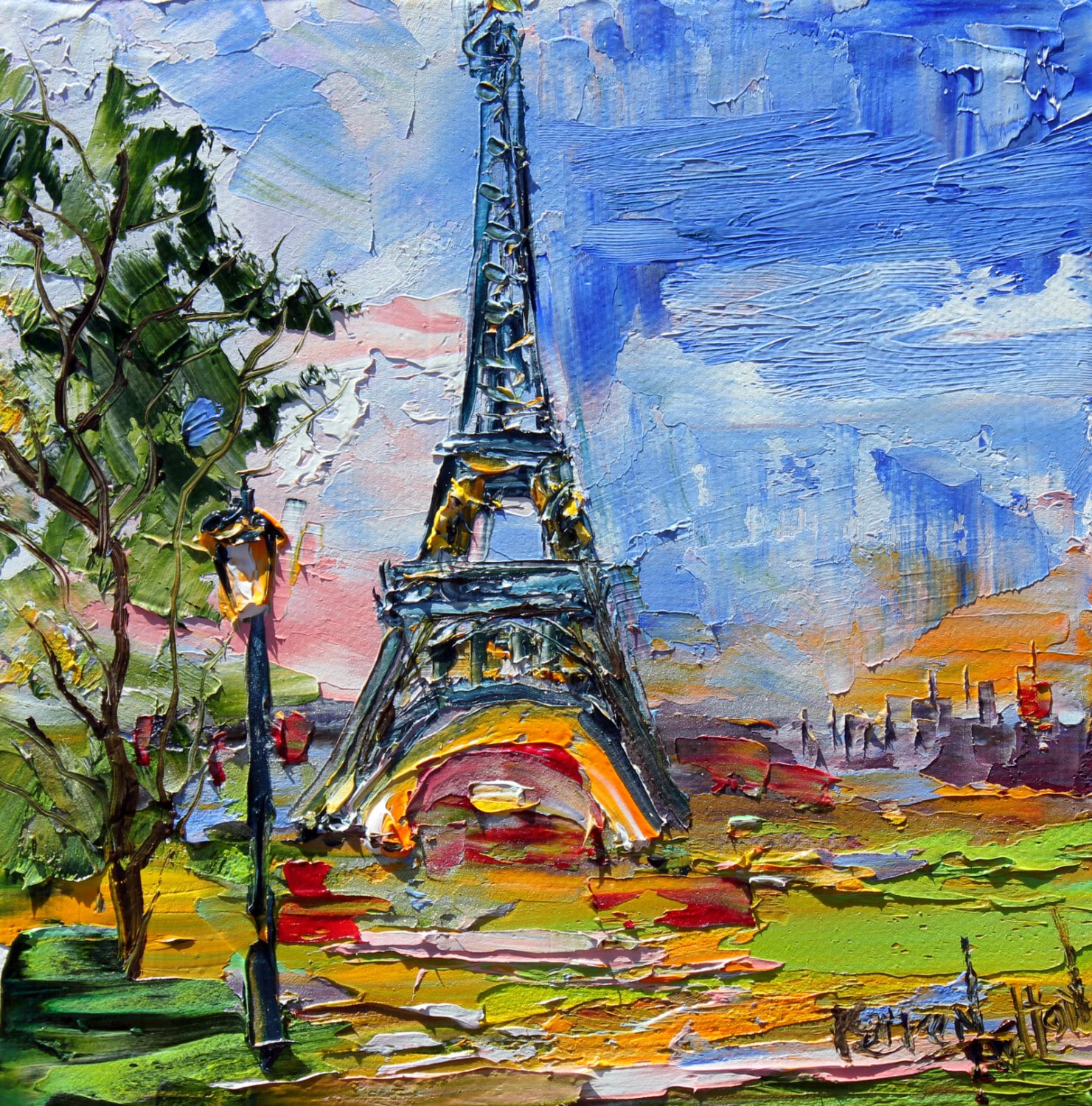 Original Oil Painting Paris Eiffel Tower Palette Knife Modern