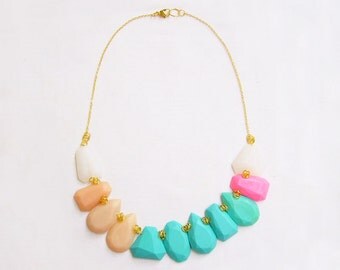 Teal Peach Statement Necklace, Pastel Polymer Clay Necklace in Teal Peach Pink White, Gem Candy Collection