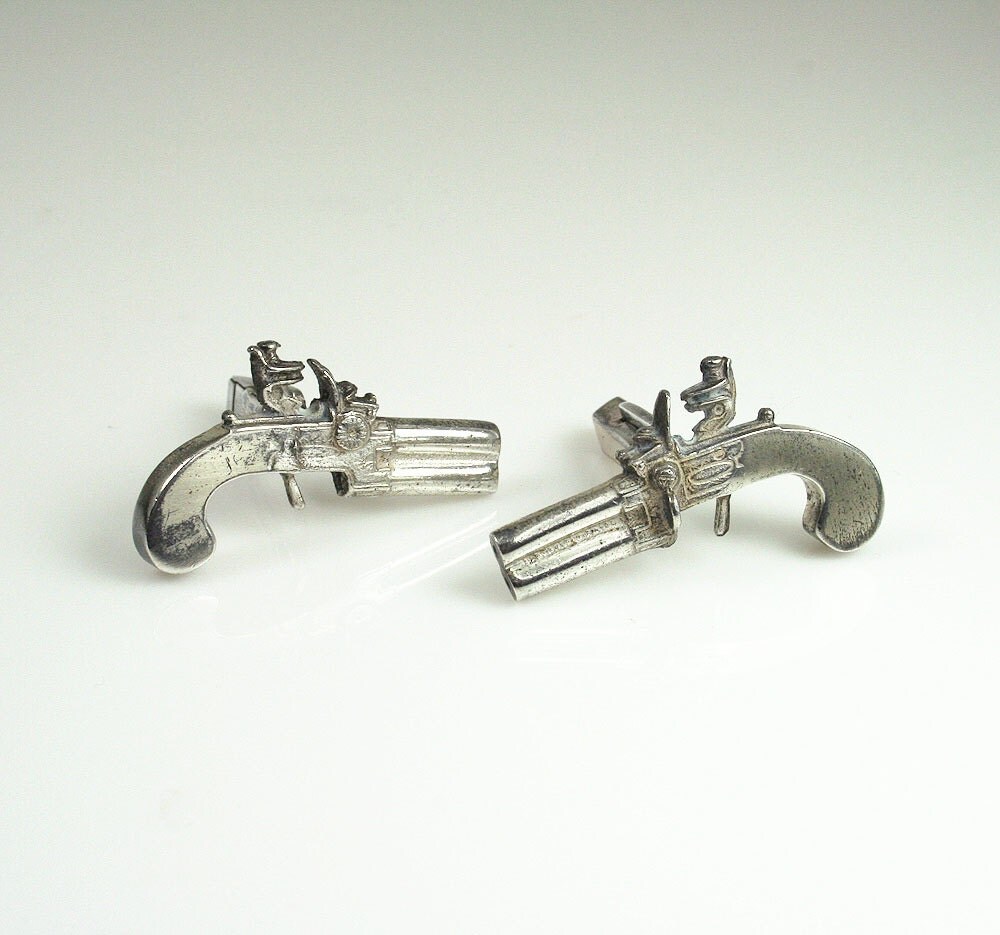 Vintage Mens Cufflinks Sterling Silver Antique Pistol Gun
