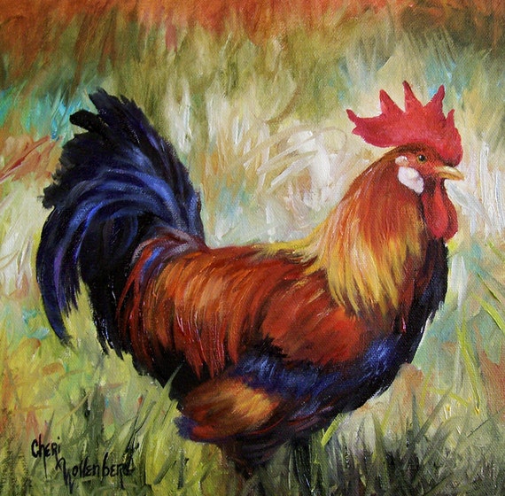 Items similar to OIL Painting Animal Portrait Rooster 7x7 Canvas PRINT ...