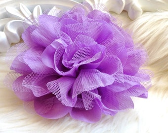 2pcs New Large Shabby Chic Frayed Wrinkled Cotton Voile and Tulle Rose Fabric Flower - Lilac