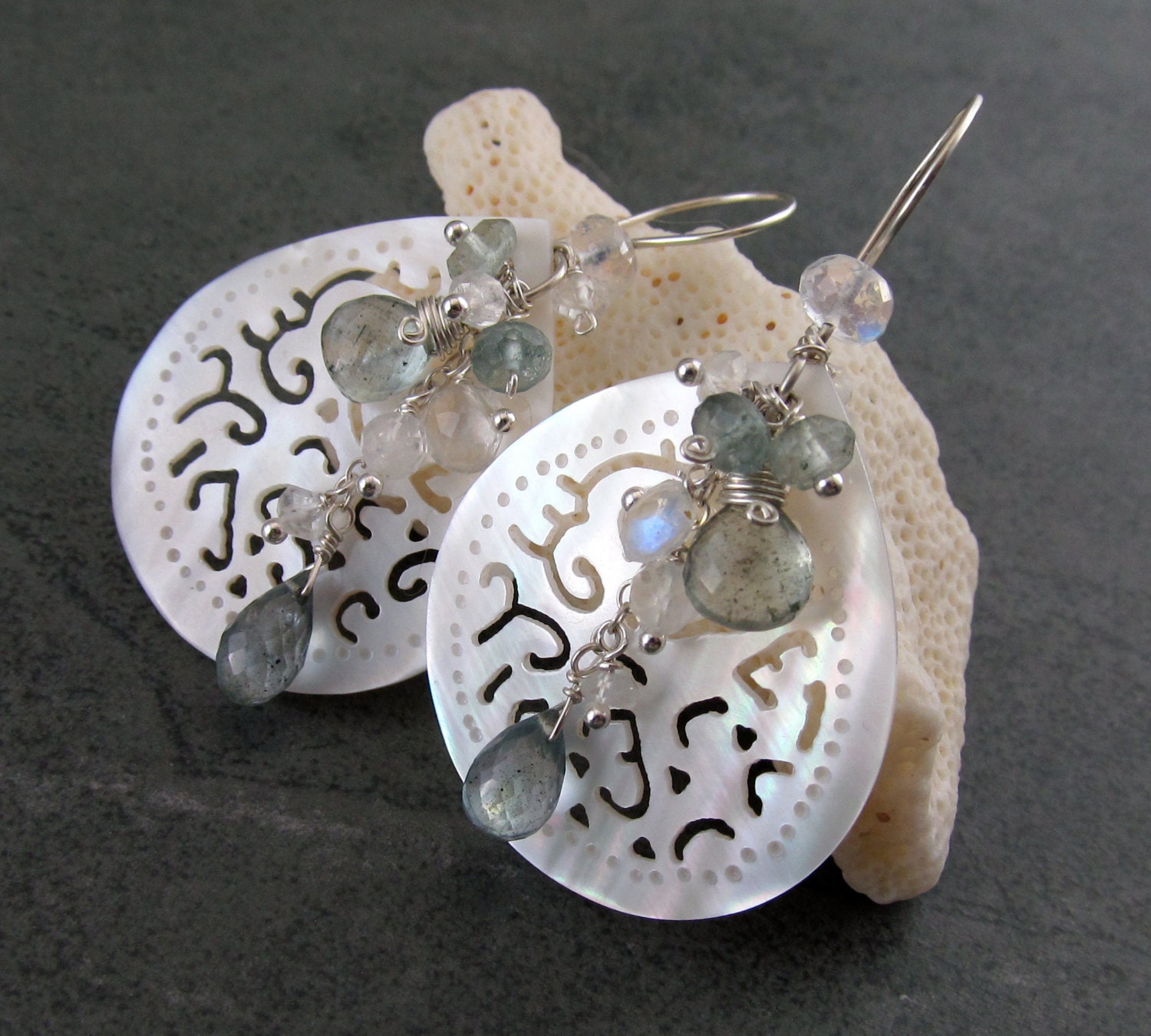 Carved Mother Of Pearl Shell Earrings Handmade Sterling