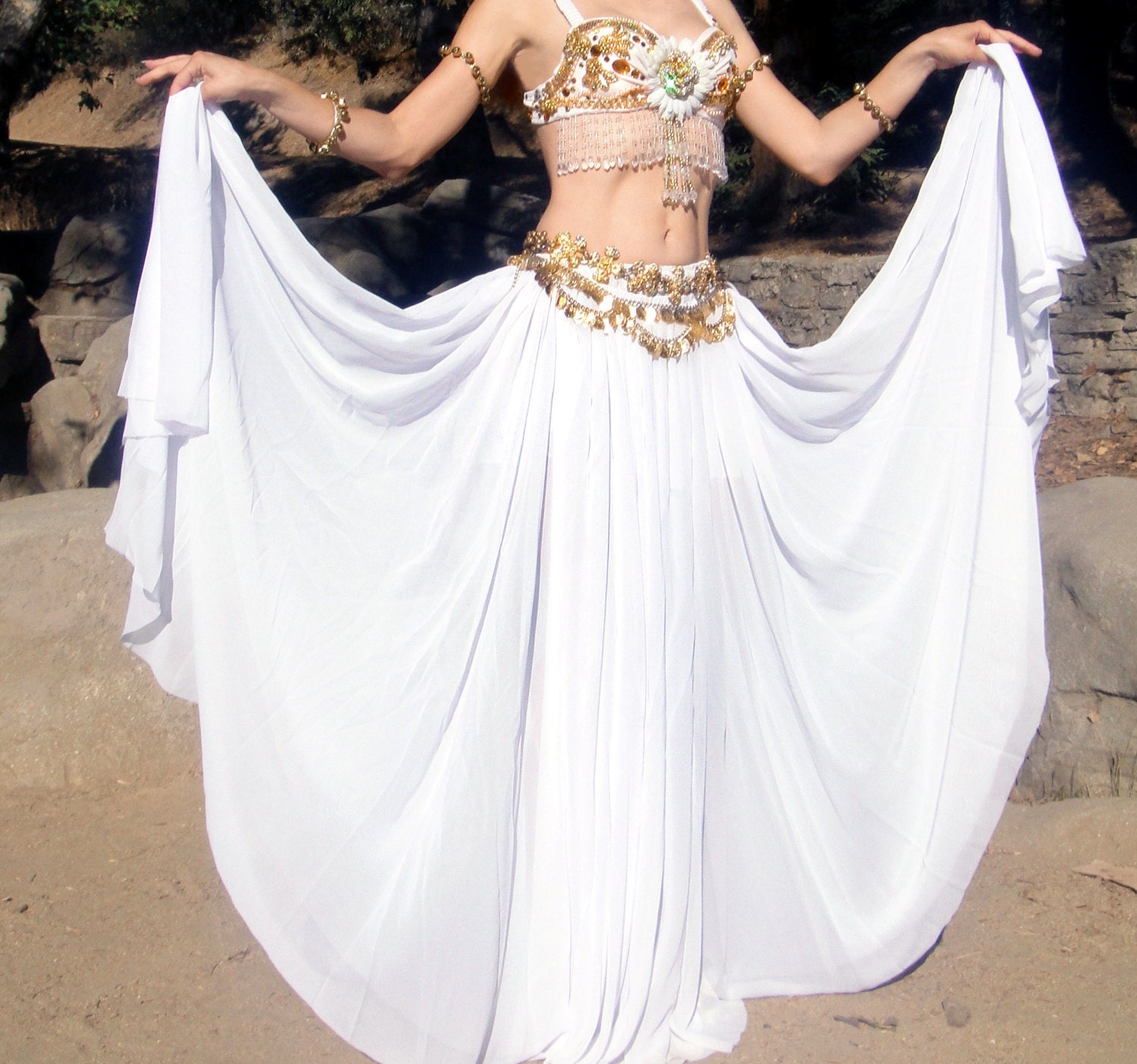 Ameynra Belly Dance SKIRT DOUBLE CIRCLE White Chiffon from