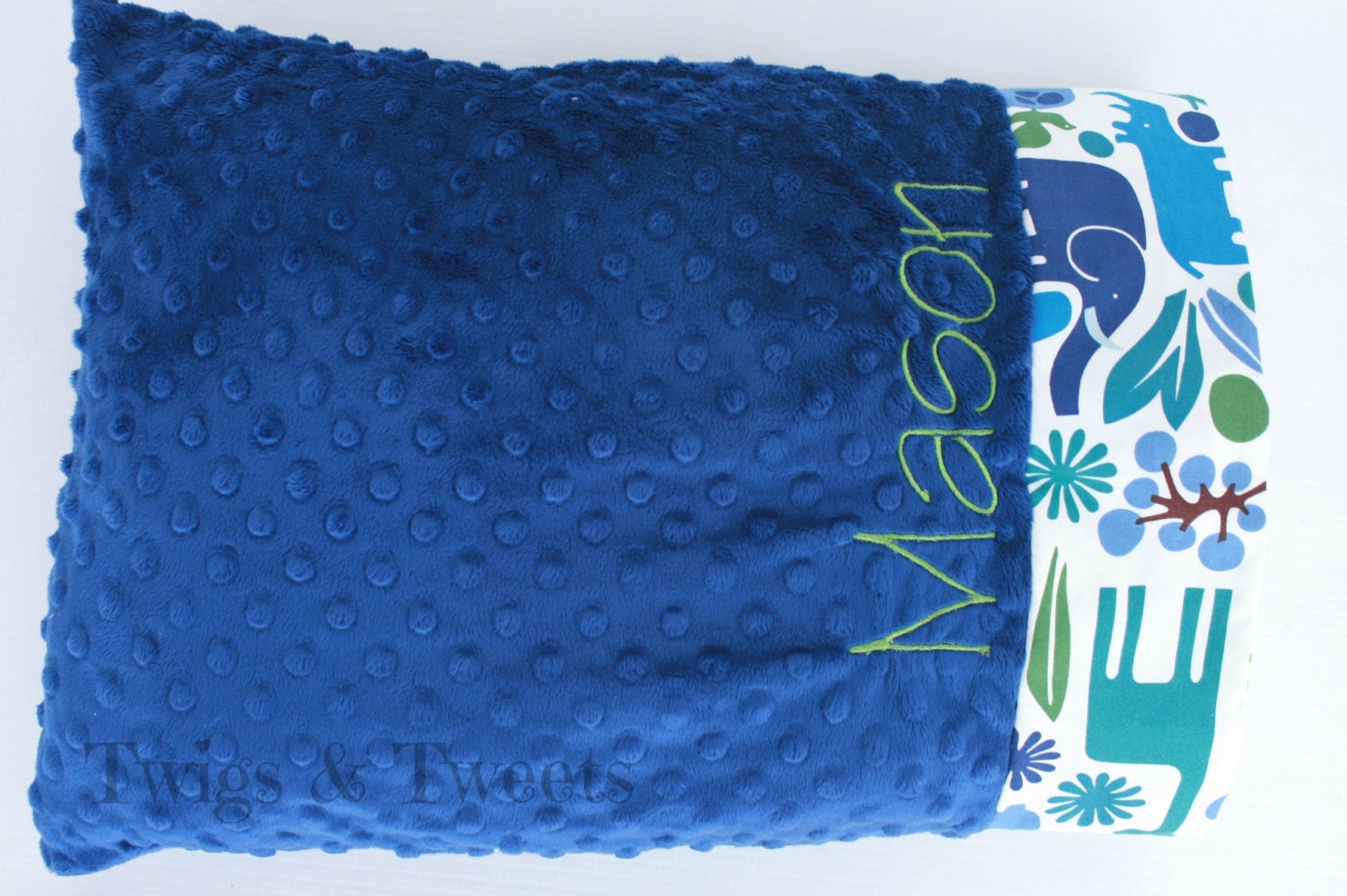 Personalized Minky Toddler Pillow Case Navy Blue by twigsandtweets