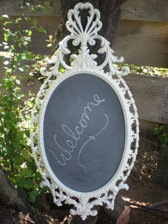 SALE Vintage White Framed Chalkboard Mirror Large Oval Shabby