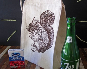 Lunch Bag - Screen Printed Recycled Cotton Lunch Bag - Reusable and Washable - Eco Friendly - Handmade - Lunch Box - Squirrel - Canvas Bag