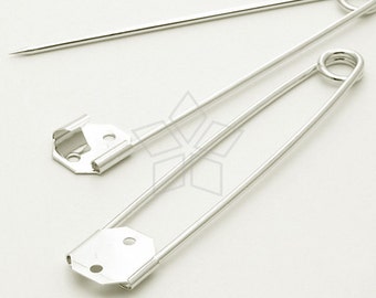 PN-001-OR / 4 Pcs - Brooch Pin Backs Findings with Octagonal Pad, Silver Plated over Brass / 72mm