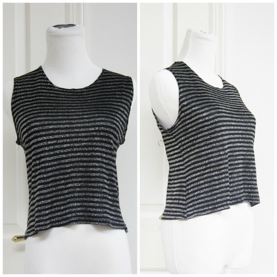 90s Mesh Tank Top Sheer Black Silver Stripe by WhiteWaveVintage