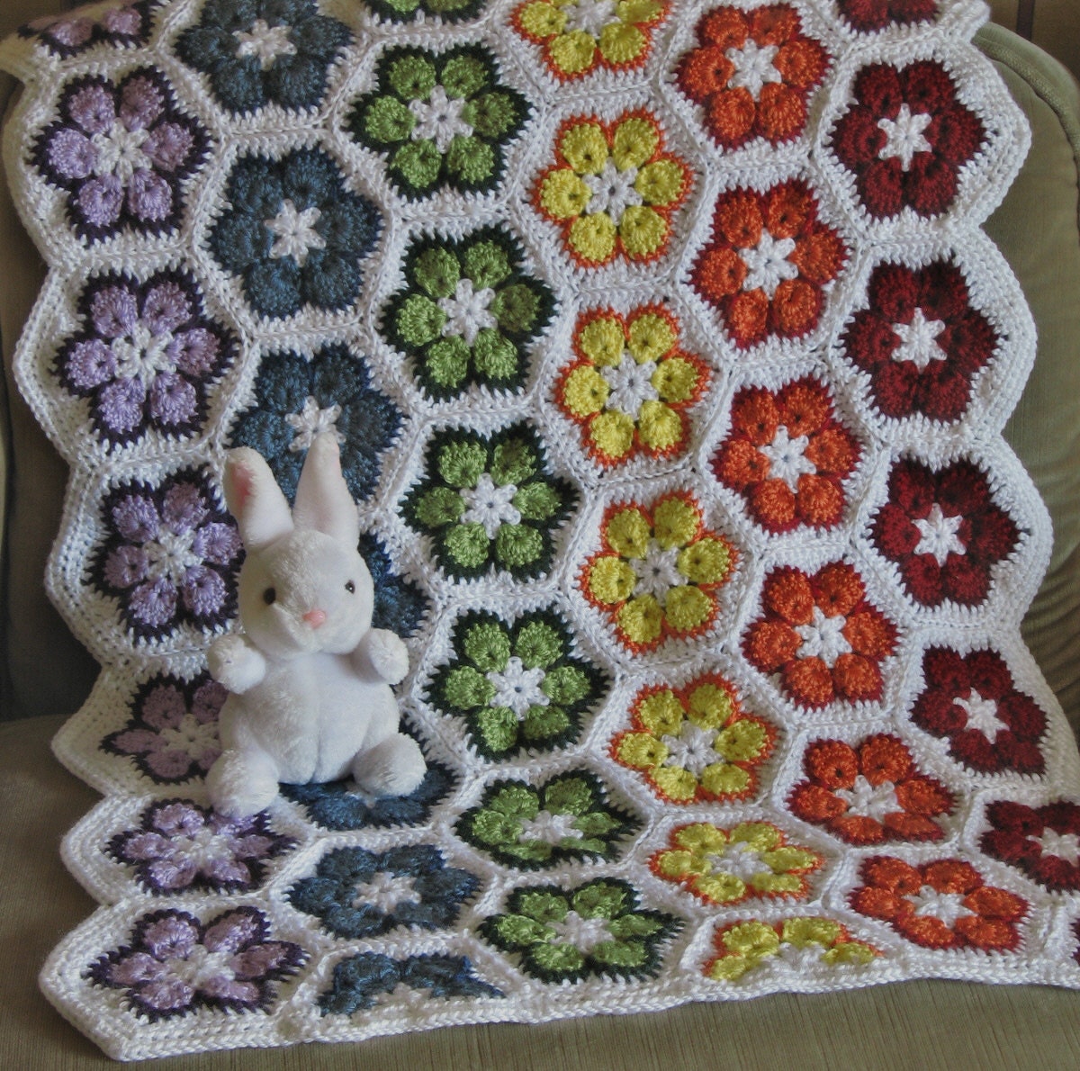 Rainbow African Flower Crochet Baby Blanket 24 x 32