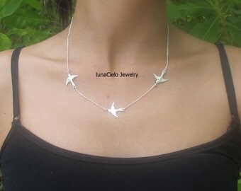 Sterling Silver Three Birds Necklace, little bird necklace, everyday jewelry, bridesmaid gift, flying swallow bird necklace, all sterling