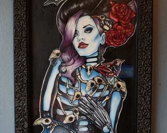 Skeleton Collector - Original Oil painting framed lowbrow tattoo art gothic art pin up girl bird skulls too fast brand zombie girl