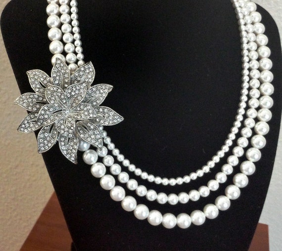 Bridal Rhinestone Pearl Necklace, Flower Necklace, Statement Necklace, Antiqued Necklace, Vintage Style Necklace