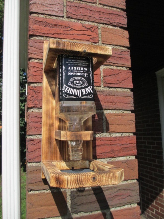 WOOD BIRD FEEDER Upcycled Whiskey Liquor Bottle Jack