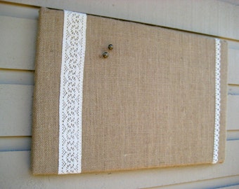 Country Chic Burlap and Lace Bulletin Board, Photo Memory Board, Dorm Decor, French Memo Board, Wedding decor