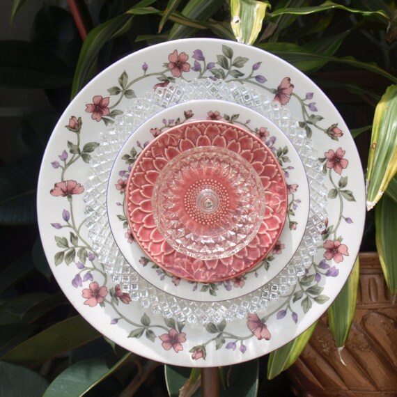 pink roses Federal Petal Vintage Repurpose Glass Plate Flower