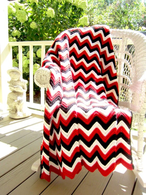 Vintage Red Black and White Chevron Crocheted Blanket
