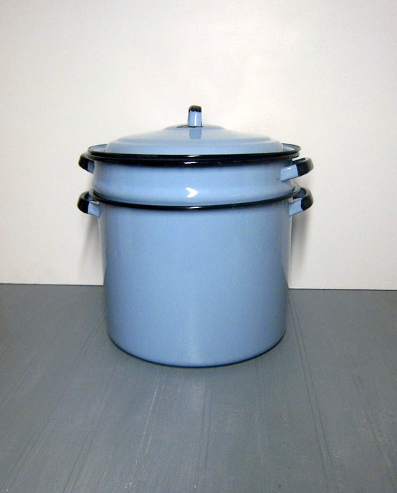 Vintage Blue Enamel LARGE Soup Pot with Strainer and by cozyattic