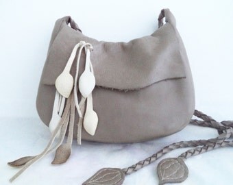 taupe ceam leather handbag shoulder purse with leaf fringe by Tuscada. Ready to ship.