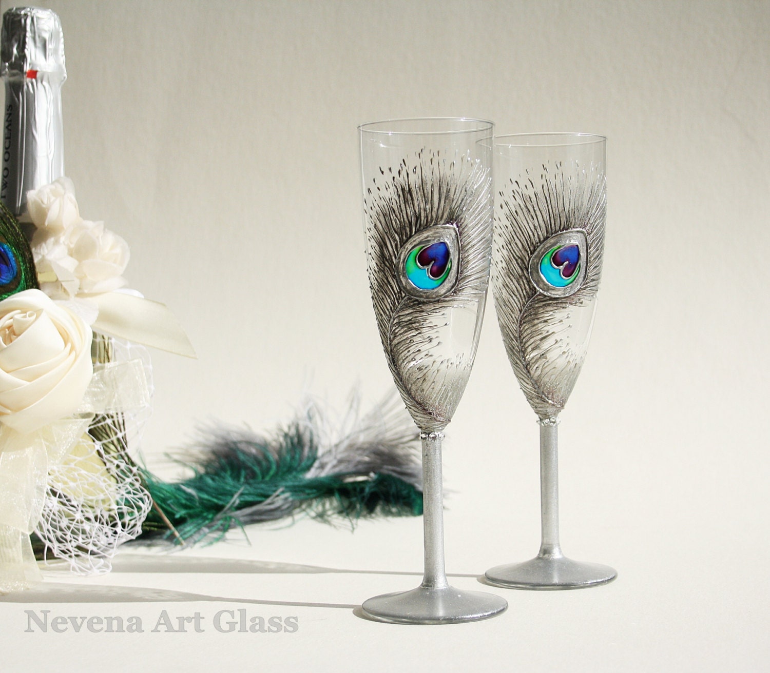 Silver Peacock Design Champagne Flutes Hand by NevenaArtGlass