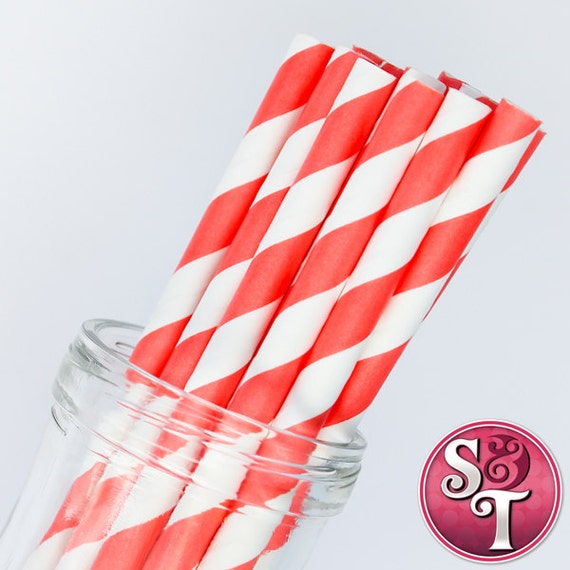Stripe Coral Party Paper Straws - Cake Pop Sticks - Pixie Sticks - Qty 25 Il_570xn