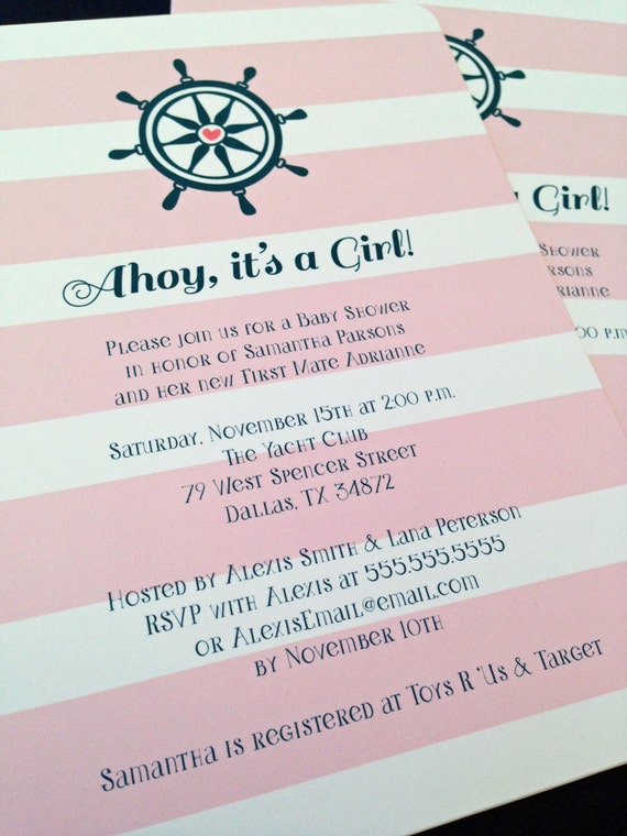 Ahoy it's a girl nautical ship wheel and stripes baby shower invitation - Digital version available Il_570xn