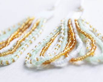 Pastel Green, Gold and White Looped Seed Bead Earrings