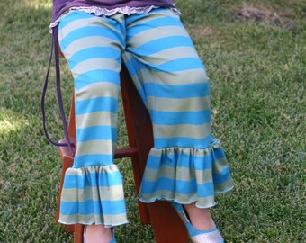 SALE turquoise and moss green stripe knit ruffle pants sizes 12m - 14 girls
