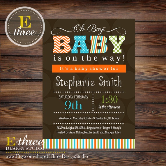 Baby Boy Shower Invitation Boys Brown Green Aqua Orange