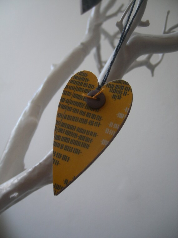 Retro Style Wooden Heart Hanging / Door Hanger Mustard and Grey