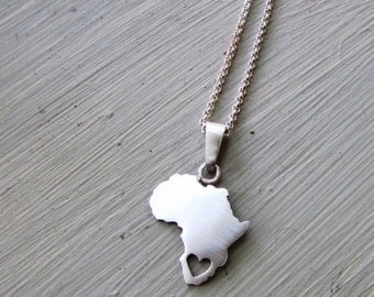 Africa necklace, heart cut out, South Africa, continent pendant, sterling silver, handmade, chain included, African, africa jewelry