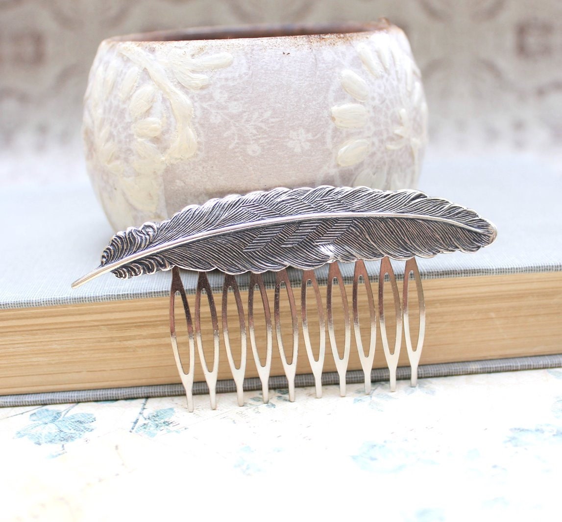 Feather Comb Grey Antique Silver Bird Wing Large Feather