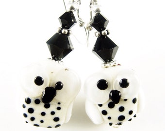 Owl Lampwork Earrings, Glass Bead Earrings, Unique Earrings, Ivory Dangle Earrings, Lampwork Jewelry, Beadwork Earrings, Black Drop Earrings