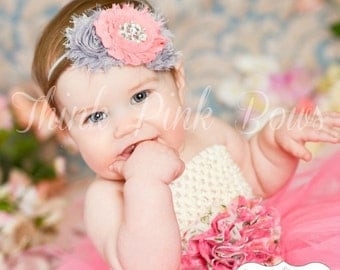 Baby headband,Newborn Headband, Baby girl Headband,Shabby chic Headband, Baby Headbands,Headband, coral grey Headband,Shabby Chic Headband.
