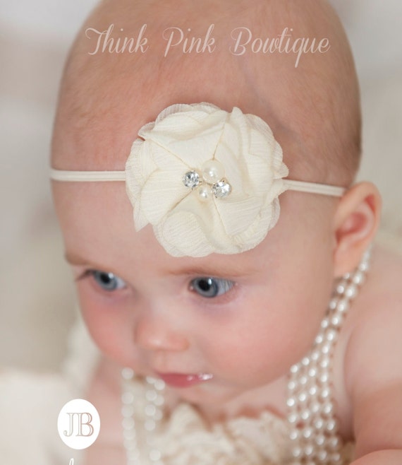 Ivory Baby Headband, Baby Headbands,Baby girl Headband,Newborn Headband,Headband, Baptism Headband,Christening headband ,Baby Hair Bows. by ThinkPinkBows