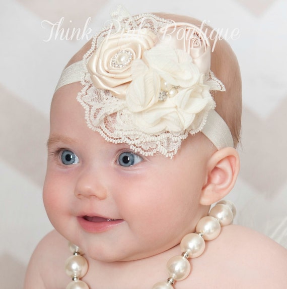 Baby headband, Ivory Baby Headband,baby headbands, baptism headband, Christening Headband, newborn headband,shabby chic headband, Hair Bows. by ThinkPinkBows