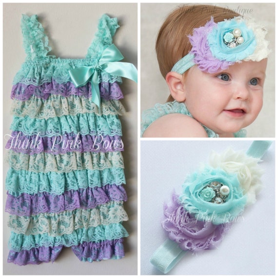 Baby headband and petti lace romper SET,petti romper,baby headbands, baby girl headband,girls petti romper, aqua romper, hair bows, by ThinkPinkBows