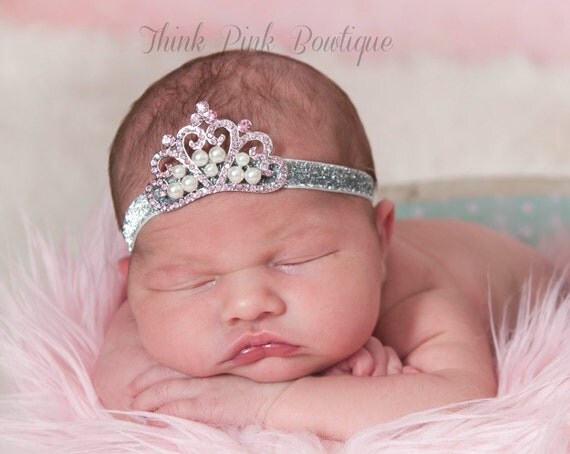 Baby Headband, Princess Tiara Headband, PInk Baby Tiara, Princess Headband,Baptism headband, Christening Headband,Hair bows, Crown Headband. by ThinkPinkBows