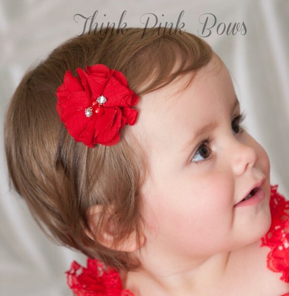 Hair Bows -Baby Hair Clips - Baby Hair Bows - Flower Hair Clips - Chiffon Bling Pearl Hair Clips - Small Baby Hair Clip - Bows - Clippie by ThinkPinkBows