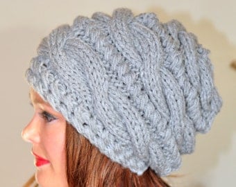 Women Hat Slouchy Beanie Slouch Hats Oversized Baggy CHOOSE COLOR Gray Cabled Hat Winter Grey Heather Hand Knit Gift