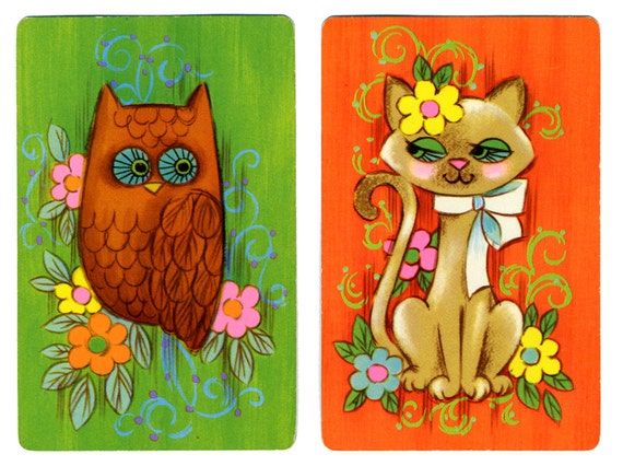 The OWL & The PUSSYCAT (2) Vintage Single Swap Playing Cards Paper Ephemera Scrapbook