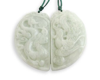 Pair Of Jadeite Jade Chinese Dragon Phoenix Love Heart Sweetheart Fashion Charm Pendant 44mm x 26mm T3008