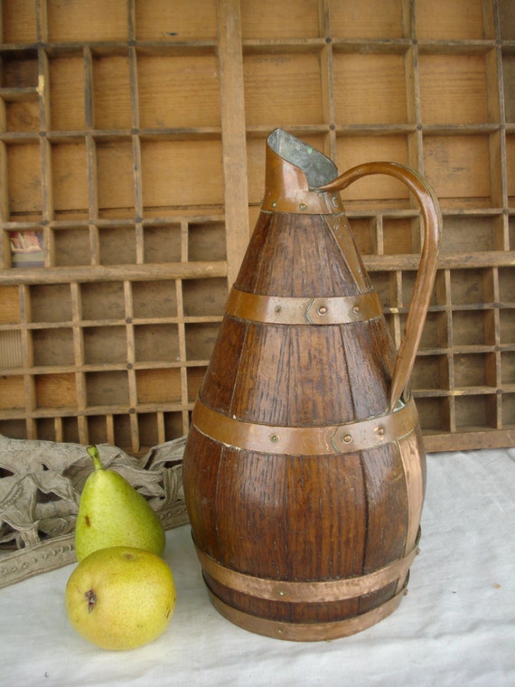 Vintage french wooden cider jug wood & copper barrel pitcher