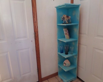 48 in tall distressed turquoise painted finish corner shelf ,bookcase, display, shabby worn look
