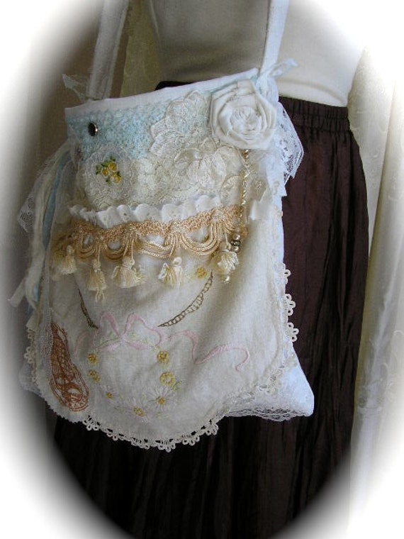 Shabby Cotton Bag Handmade White Fabric Purse Romantic Lace