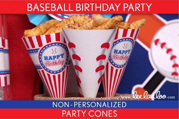 Baseball Birthday Party - Party Cones & Bonus: Mini Hershey Wrappers NonPersonalized Printable // Baseball - B62Nm