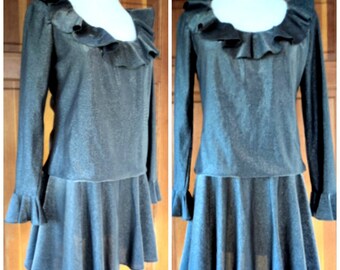 Vintage 60s Dress Gunmetal Sparkle Micro Mini Ruffles Blouson 70s Holiday 36 B Med