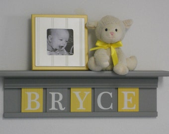 Yellow and Gray Nursery Wall Art - Yellow Baby Boy Nursery Decor - Personalized Grey Wood Shelf with Wooden Wall Letters