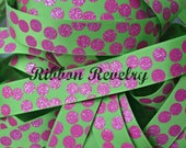 Fuschia glitter silly dots printed on lime green 7/8" grosgrain ribbon-High Quality Christmas Il_170x135