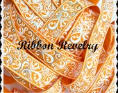 Fancy Foil white swirls on orange 7/8" grosgrain ribbon Halloween FALL Il_170x135