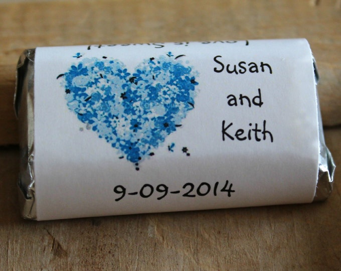 Blue Floral Heart Bridal Shower Wedding Candy Bar Wrappers Rehearsal Dinner Favors Candy Wrappers